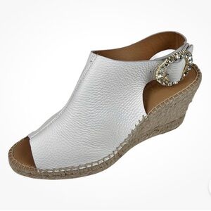 Maypol / Anthropologie White leather Espadrille wedges rhinestone buckle Size 40